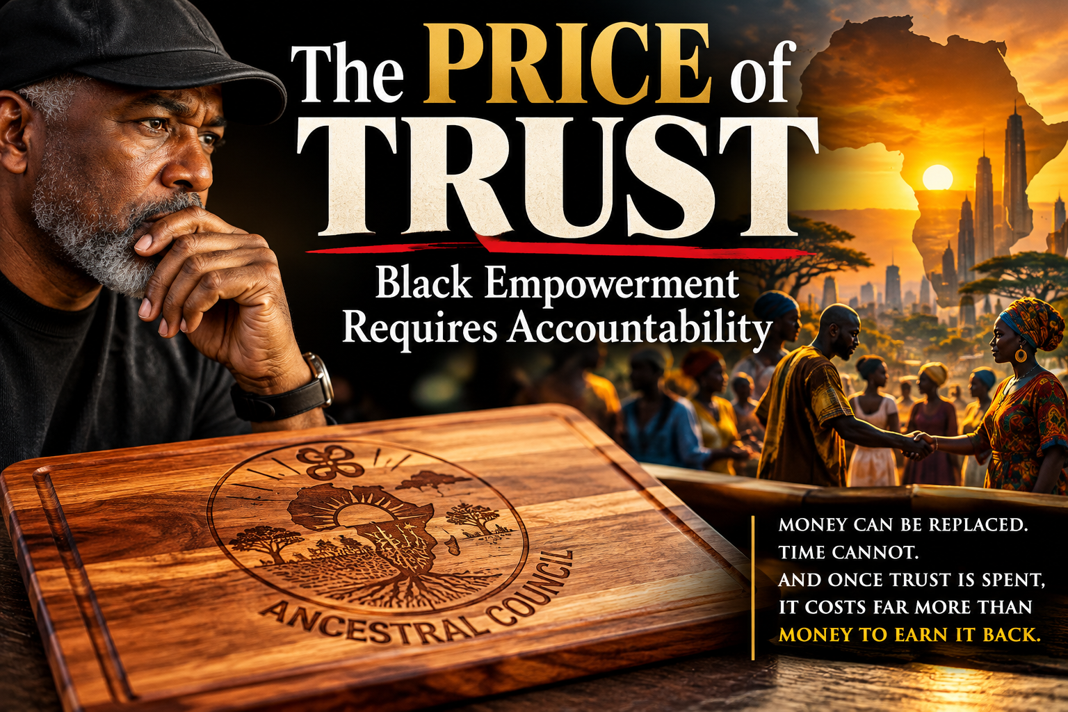 A contemplative Black man beside a handcrafted Ancestral Council cutting board, with an African landscape and community members shaking hands in the background. Text reads, “The Price of Trust: Black Empowerment Requires Accountability,” emphasizing that money can be replaced, time cannot, and lost trust is costly to rebuild.